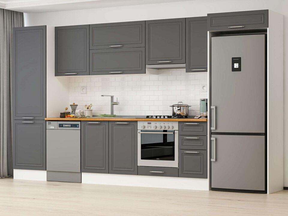 Alvinka 390X222 Cm Klasik Mebran Mutfak Dolabı Mbb-E90B60S40-1 Mebran | Antrasit - Mdf