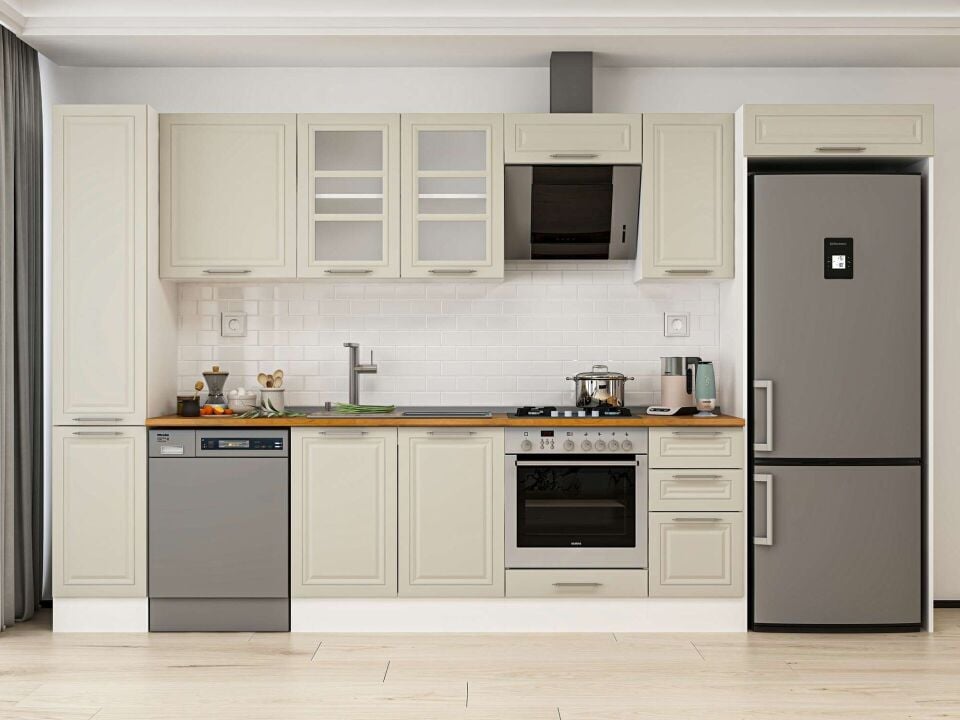 Alvinka 370X222 Cm Klasik Mebran Mutfak Dolabı Beyaz Beyaz Mbb-E90B40S40-3