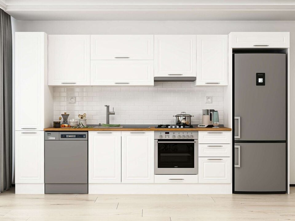 Alvinka 375X222 Cm Klasik Mebran Mutfak Dolabı Beyaz Beyaz Mbb-E90B40S45-1
