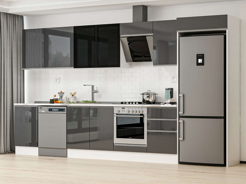 Alvinka 390X222 Cm High Gloss Mutfak Dolabı Mb-E90S50S50-3 High Gloss | Antrasit - Suntalam