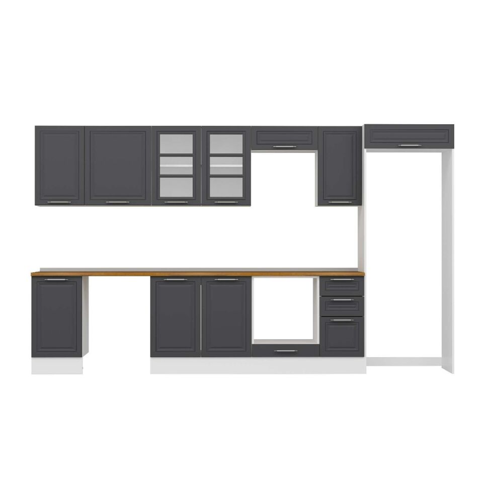 Alvinka 365X222 Cm Klasik Mebran Mutfak Dolabı Mb-E80S45S40-3 Mebran | Antrasit - Mdf