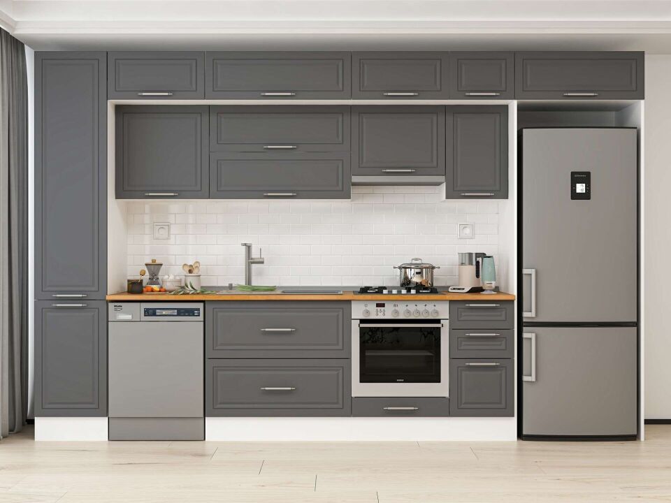 Alvinka 375X240 Cm Klasik Mebran Mutfak Dolabı Mbb-E90B45S40-1 Mebran | Antrasit - Mdf