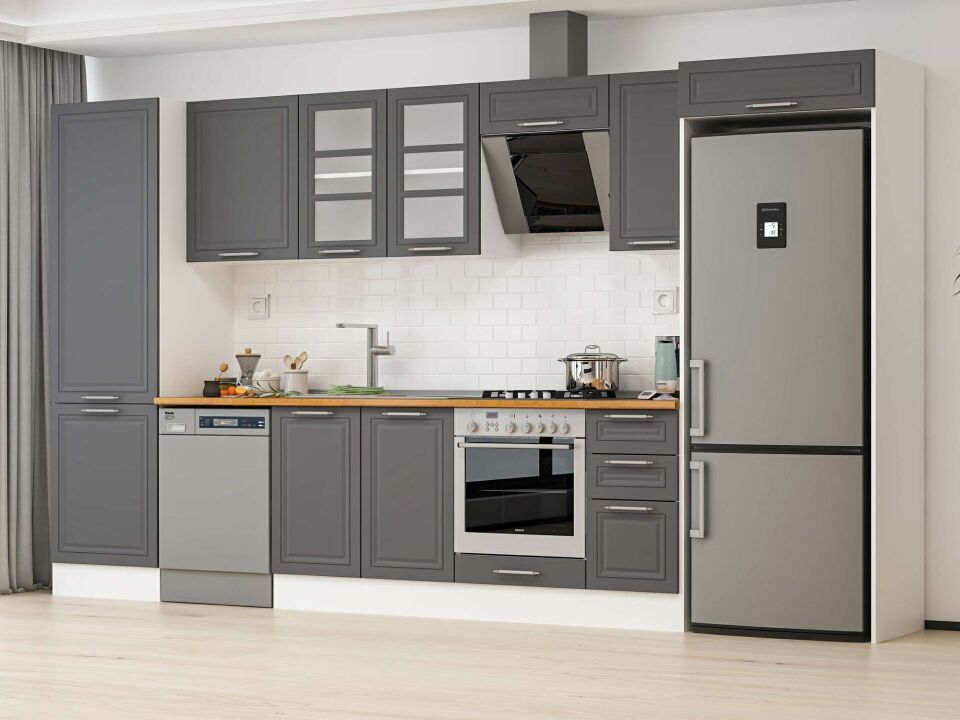 Alvinka 390X222 Cm Klasik Mebran Mutfak Dolabı Mbb-E90B60S40-3 Mebran | Antrasit - Suntalam