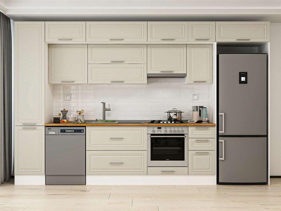 Alvinka 375X240 Cm Klasik Mebran Mutfak Dolabı Mbb-E90B45S40-1 Mebran | Kumtaşı - Mdf