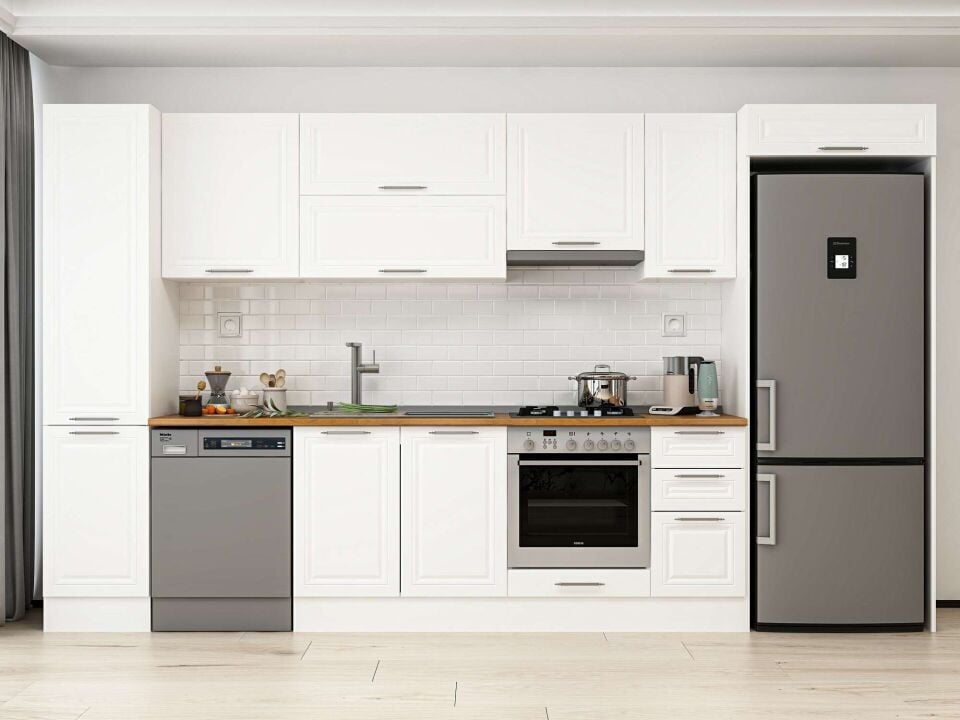 Alvinka 375X222 Cm Klasik Mebran Mutfak Dolabı Beyaz Beyaz Mbb-E90B45S40-1