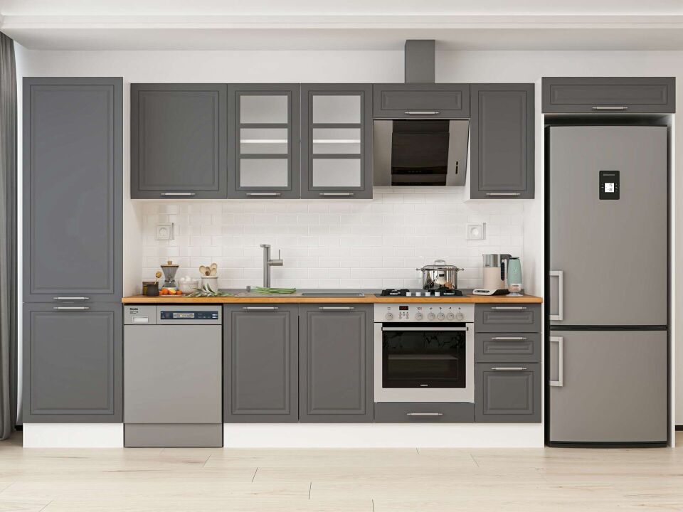 Alvinka 390X222 Cm Klasik Mebran Mutfak Dolabı Mbb-E90B60S40-3 Mebran | Antrasit - Mdf