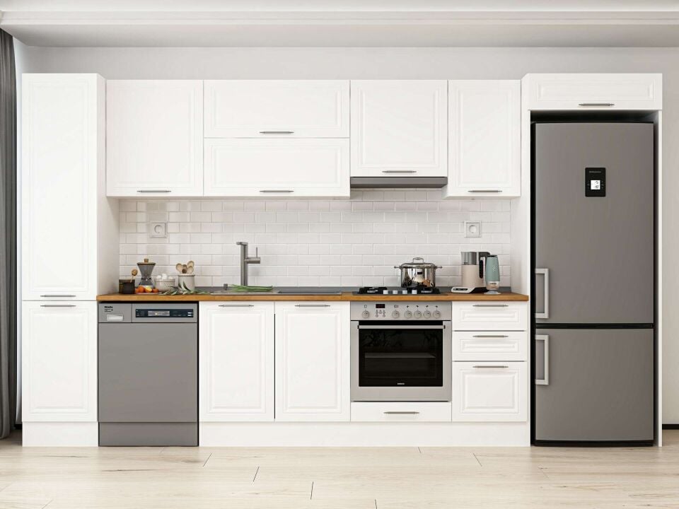 Alvinka 380X222 Cm Klasik Mebran Mutfak Dolabı Beyaz Beyaz Mbb-E90B45S45-1
