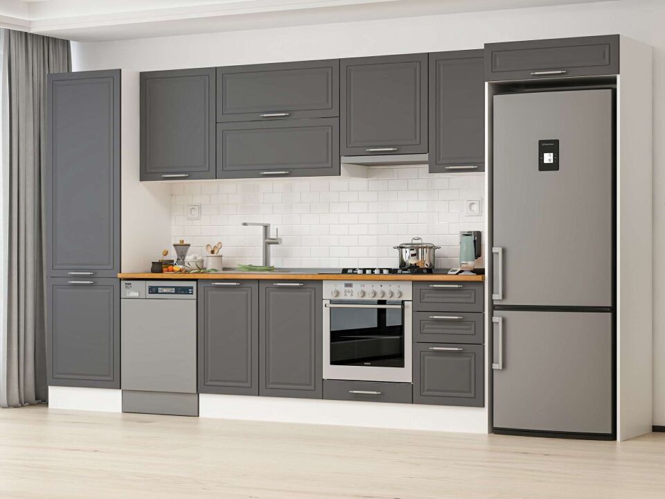 Alvinka 395X222 Cm Klasik Mebran Mutfak Dolabı Mbb-E90B60S45-1 Mebran | Antrasit - Suntalam