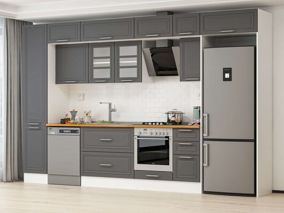 Alvinka 375X240 Cm Klasik Mebran Mutfak Dolabı Mbb-E90B45S40-3 Mebran | Antrasit - Suntalam