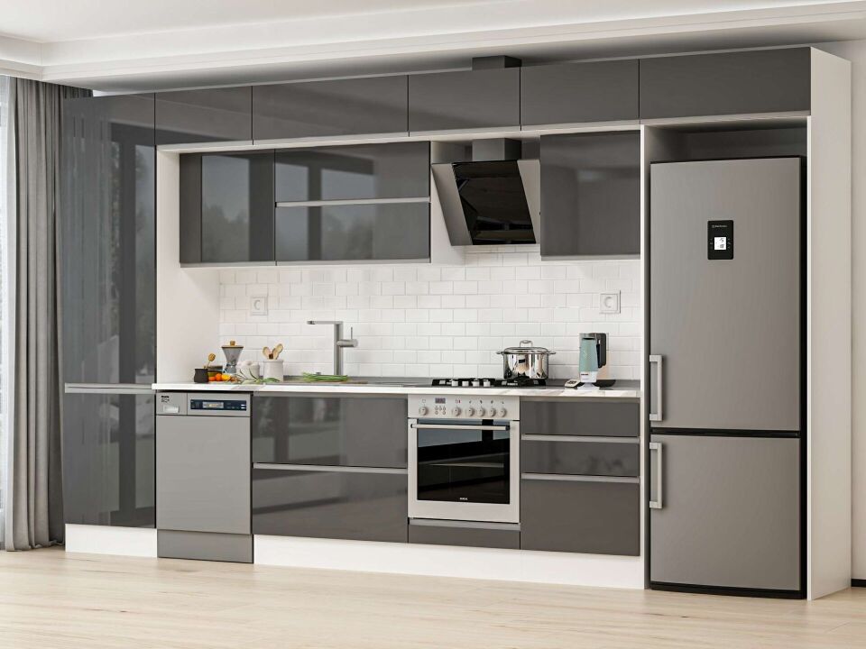 Alvinka 410X240 Cm High Gloss Mutfak Dolabı Mbb-E90B60S60-2 High Gloss | Antrasit - Suntalam