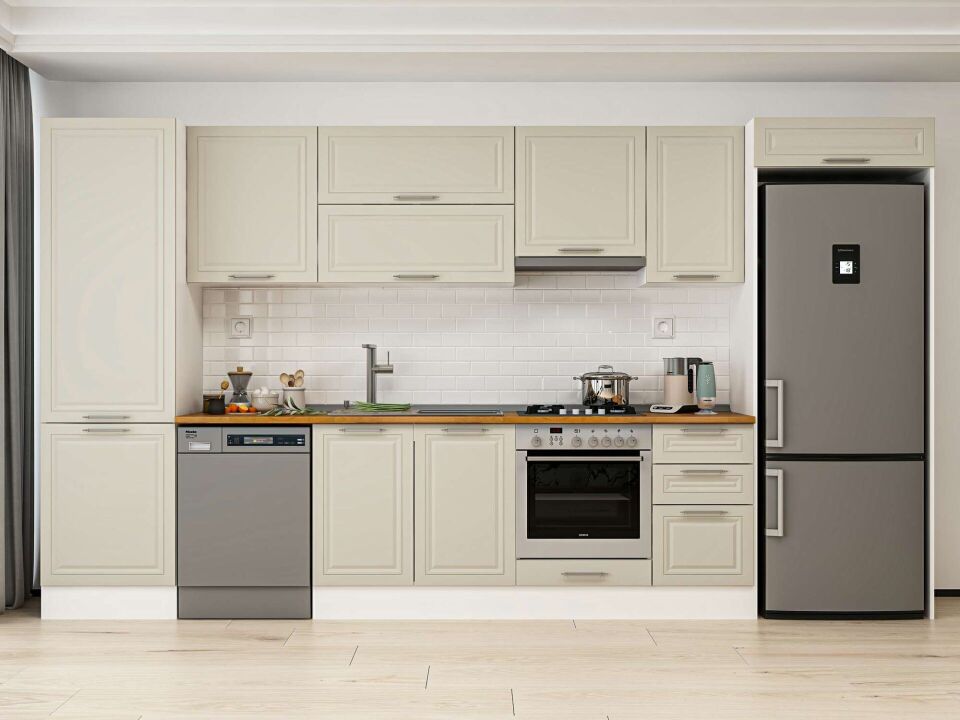 Alvinka 395X222 Cm Klasik Mebran Mutfak Dolabı Mbb-E90B60S45-1 Mebran | Kumtaşı - Mdf