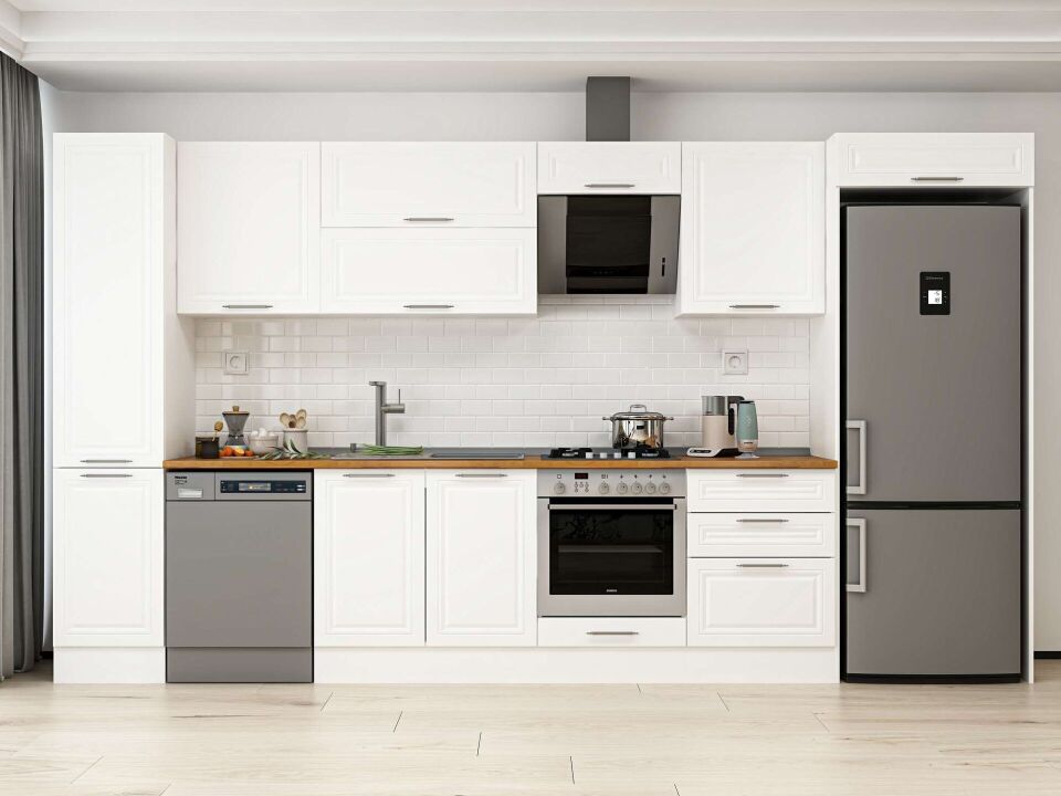 Alvinka 395X222 Cm Klasik Mebran Mutfak Dolabı Beyaz Beyaz Mbb-E90B45S60-2