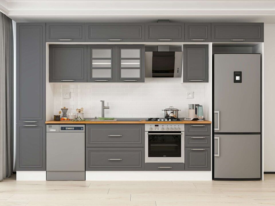 Alvinka 375X240 Cm Klasik Mebran Mutfak Dolabı Mbb-E90B45S40-3 Mebran | Antrasit - Mdf