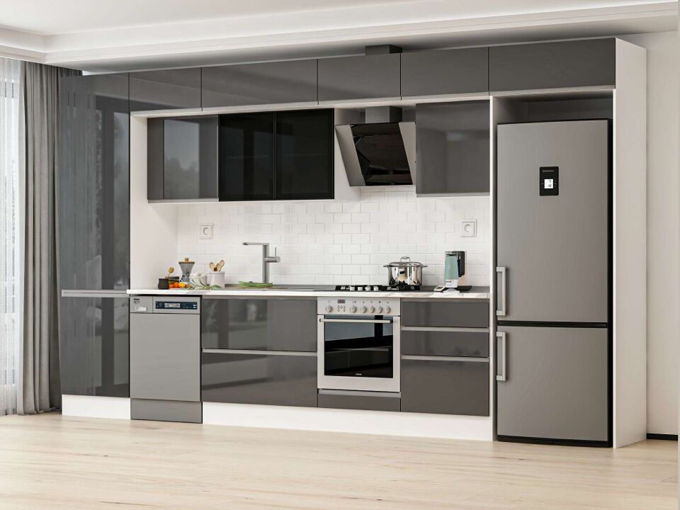 Alvinka 410X240 Cm High Gloss Mutfak Dolabı Mbb-E90B60S60-3 High Gloss | Antrasit - Suntalam