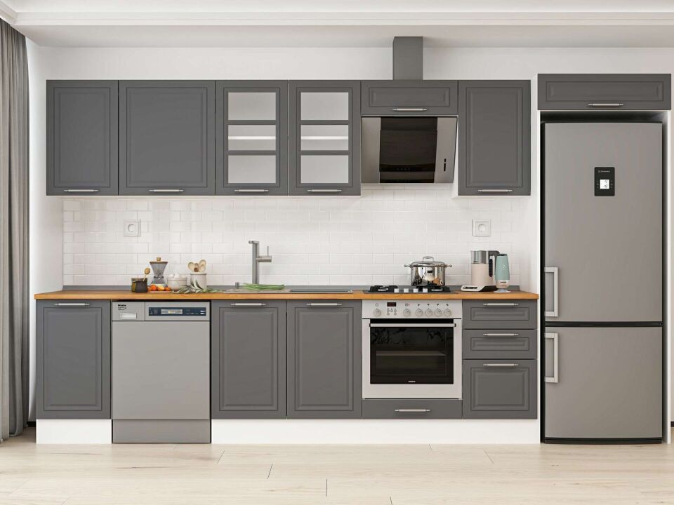 Alvinka 370X222 Cm Klasik Mebran Mutfak Dolabı Mb-E80S45S45-3 Mebran | Antrasit - Mdf