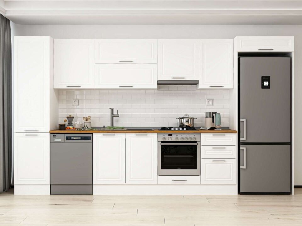Alvinka 390X222 Cm Klasik Mebran Mutfak Dolabı Beyaz Beyaz Mbb-E90B50S50-1