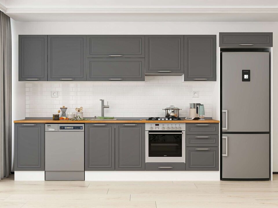 Alvinka 375X222 Cm Klasik Mebran Mutfak Dolabı Mb-E80S45S50-1 Mebran | Antrasit - Mdf
