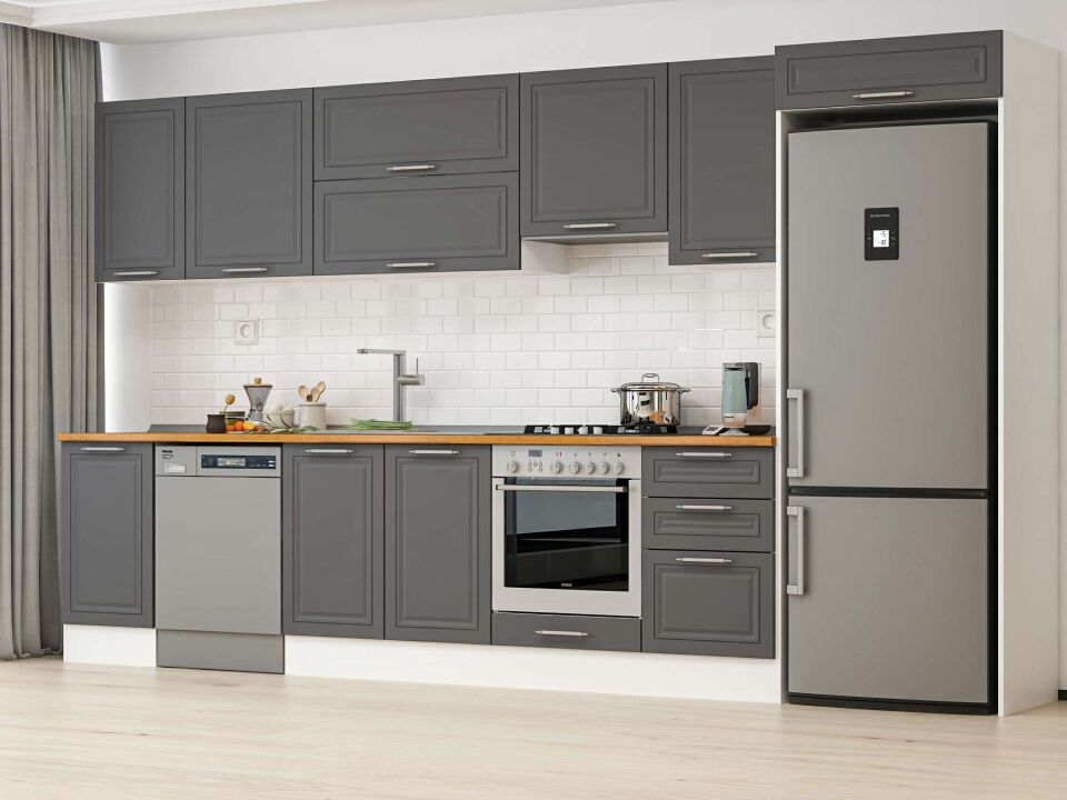 Alvinka 375X222 Cm Klasik Mebran Mutfak Dolabı Mb-E80S45S50-1 Mebran | Antrasit - Mdf