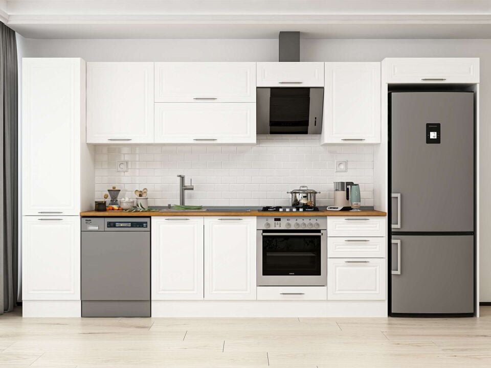 Alvinka 390X222 Cm Klasik Mebran Mutfak Dolabı Beyaz Beyaz Mbb-E90B50S50-2