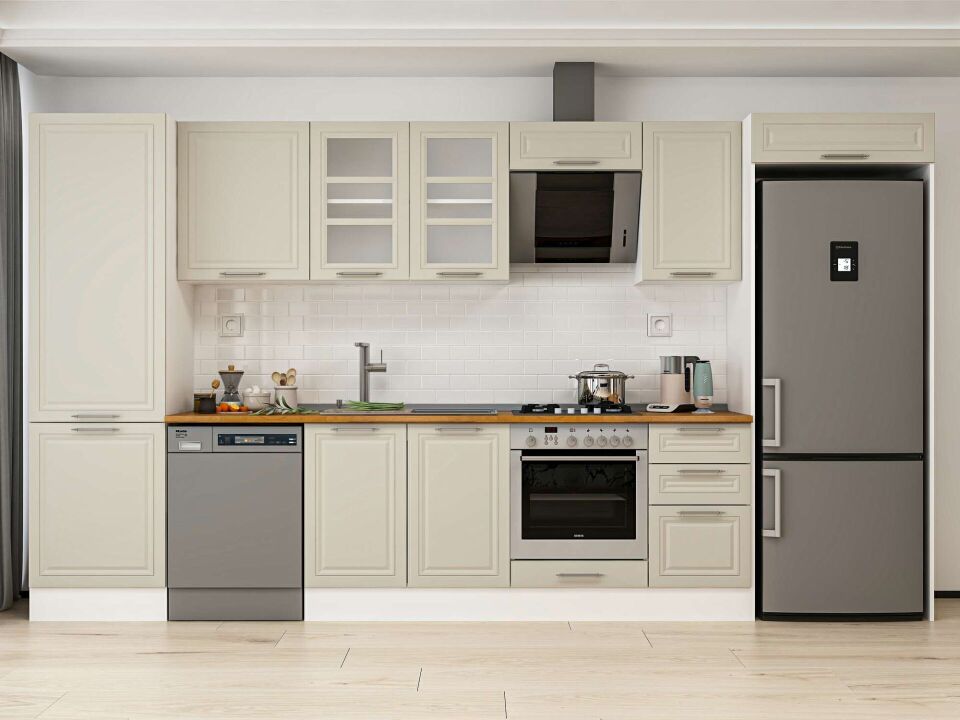 Alvinka 395X222 Cm Klasik Mebran Mutfak Dolabı Mbb-E90B60S45-3 Mebran | Kumtaşı - Mdf