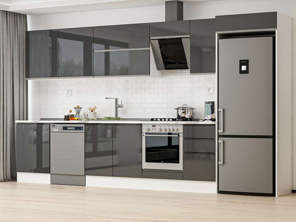 Alvinka 395X222 Cm High Gloss Mutfak Dolabı Mb-E90S60S45-2 High Gloss | Antrasit - Suntalam
