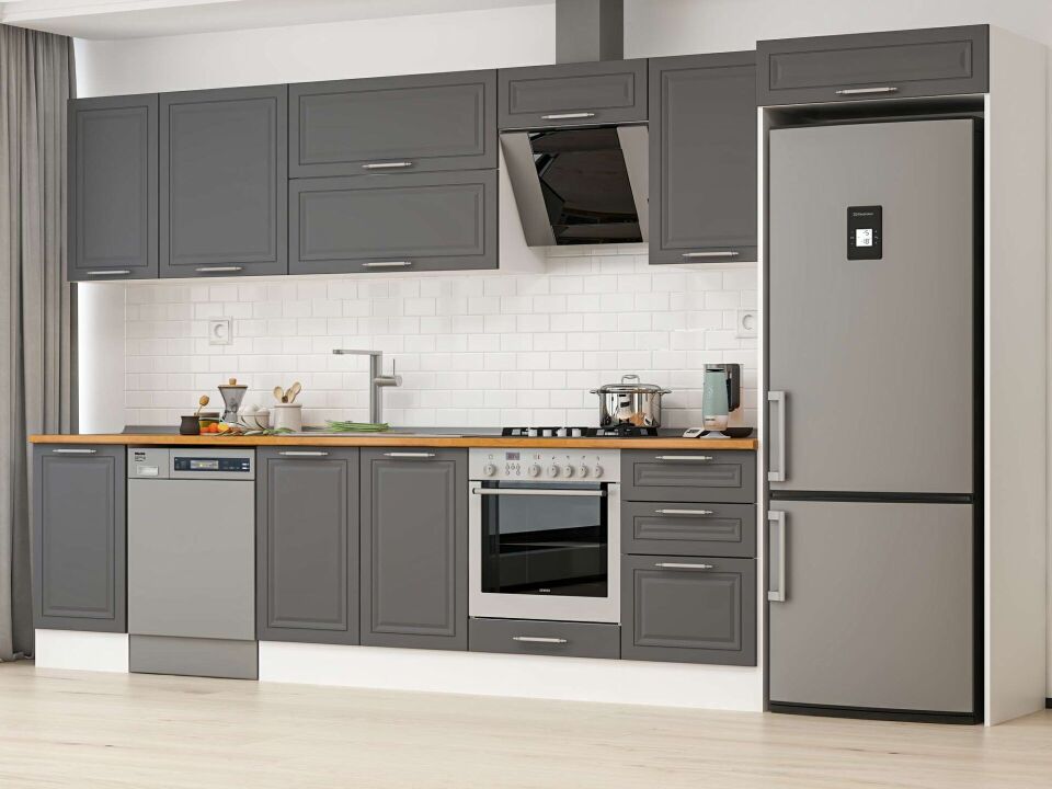 Alvinka 375X222 Cm Klasik Mebran Mutfak Dolabı Mb-E80S45S50-2 Mebran | Antrasit - Mdf
