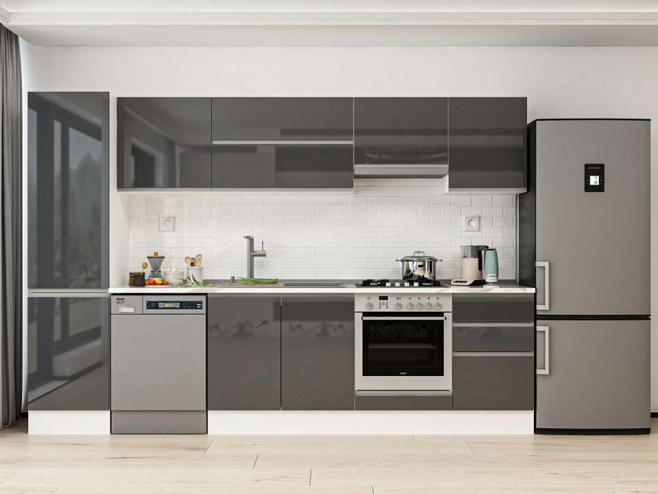 Alvinka 300X210 Cm High Gloss Mutfak Dolabı Mb-E80B50S50-1 High Gloss | Antrasit - Mdf