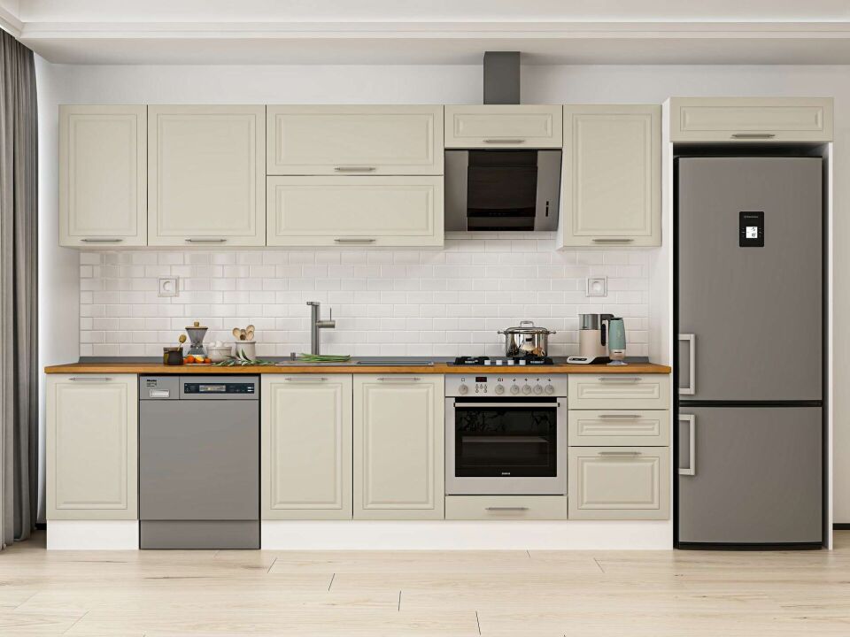 Alvinka 375X222 Cm Klasik Mebran Mutfak Dolabı Mb-E80S45S50-2 Mebran | Kumtaşı - Mdf