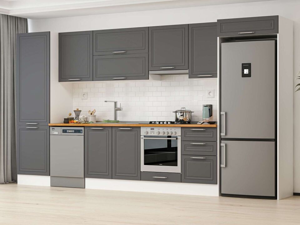 Alvinka 400X222 Cm Klasik Mebran Mutfak Dolabı Mbb-E90B60S50-1 Mebran | Antrasit - Mdf