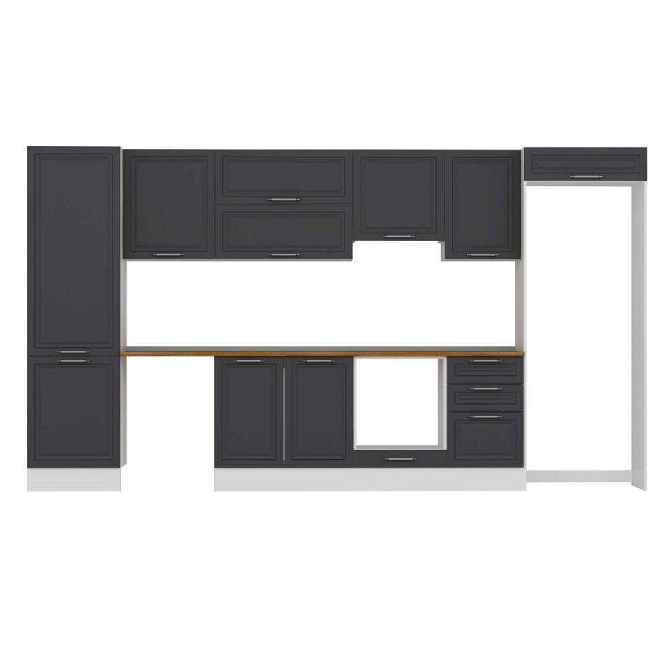 Alvinka 400X222 Cm Klasik Mebran Mutfak Dolabı Mbb-E90B60S50-1 Mebran | Antrasit - Mdf