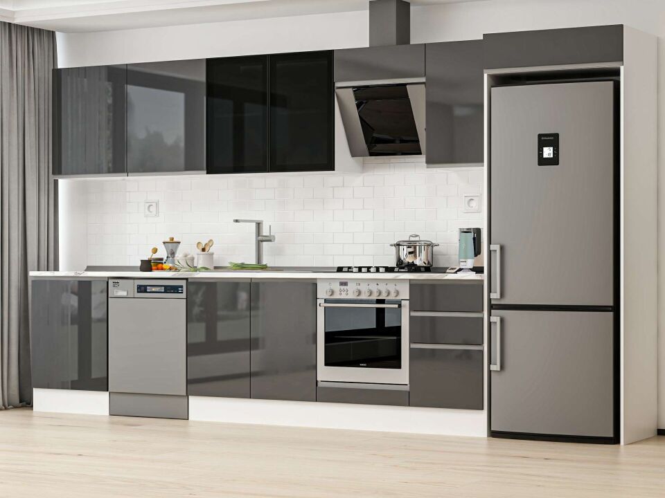 Alvinka 395X222 Cm High Gloss Mutfak Dolabı Mb-E90S60S45-3 High Gloss | Antrasit - Suntalam