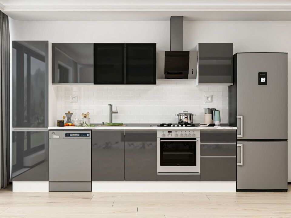 Alvinka 300X210 Cm High Gloss Mutfak Dolabı Mb-E80B50S50-3 High Gloss | Antrasit - Mdf