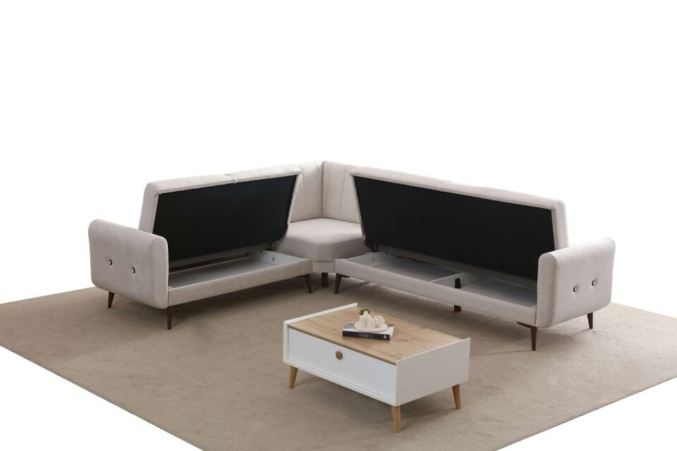 Bona 2 + L Köşe+2' Li Köşe Takımı Bej Valebo-03 Ceviz Ayak