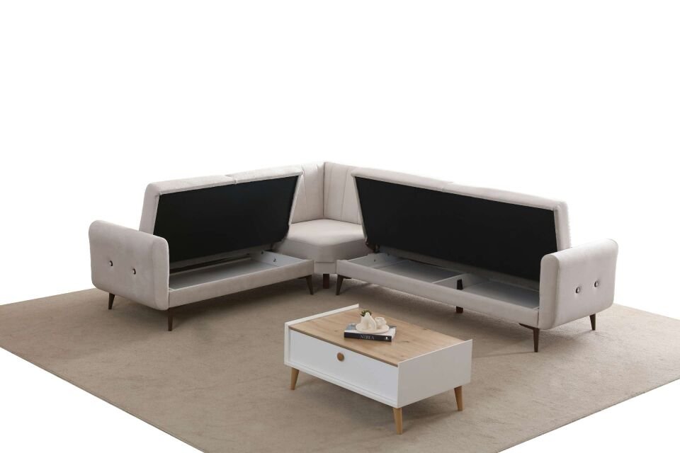 Bona 2 + L Köşe+2' Li Köşe Takımı Bej Valebo-03 Ceviz Ayak