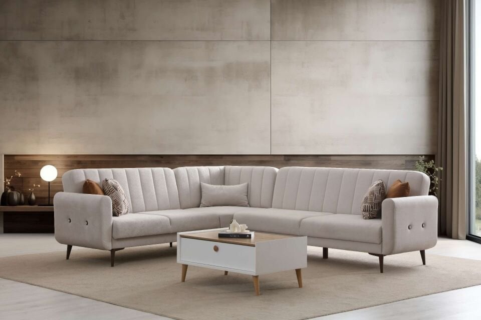 Bona 2 + L Köşe+2' Li Köşe Takımı Bej Valebo-03 Ceviz Ayak