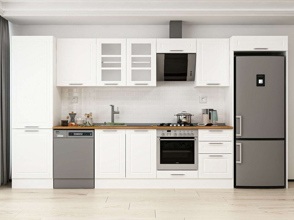 Alvinka 400X222 Cm Klasik Mebran Mutfak Dolabı Mbb-E90B60S50-3 Mebran | Beyaz - Mdf