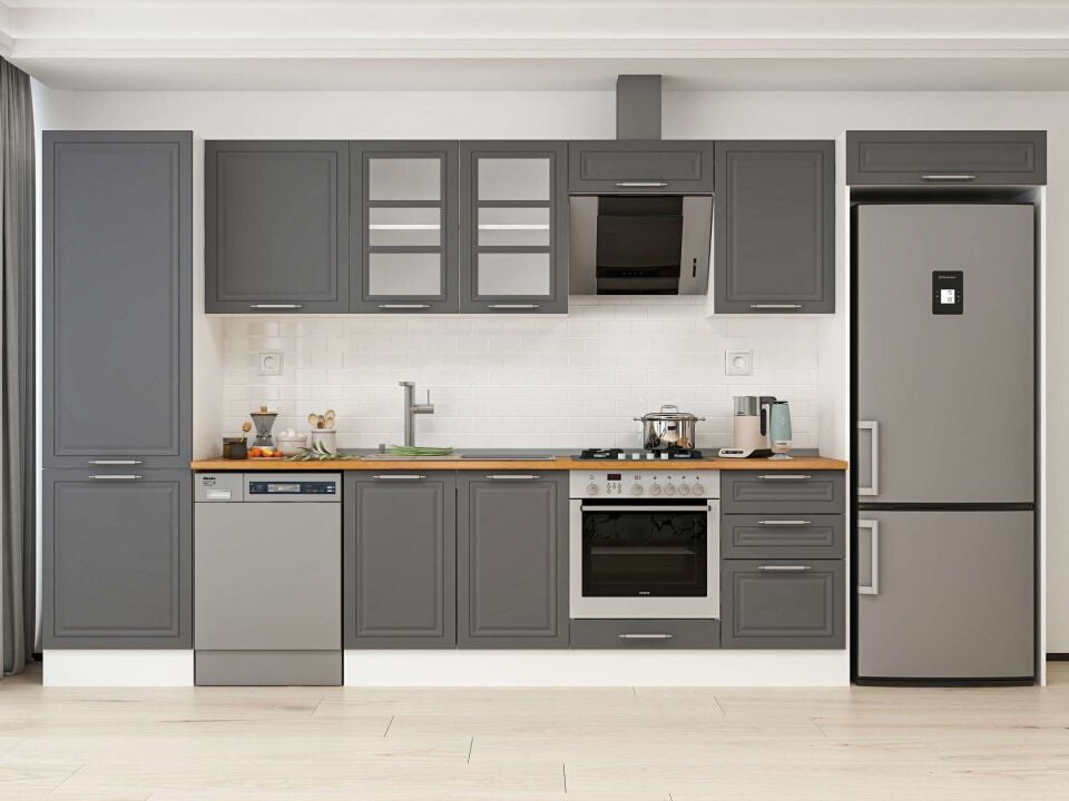 Alvinka 400X222 Cm Klasik Mebran Mutfak Dolabı Mbb-E90B60S50-3 Mebran | Antrasit - Mdf