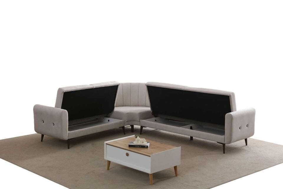 Bona 2 + C Köşe+2' Li Köşe Takımı Bej Valebo-03 Ceviz Ayak