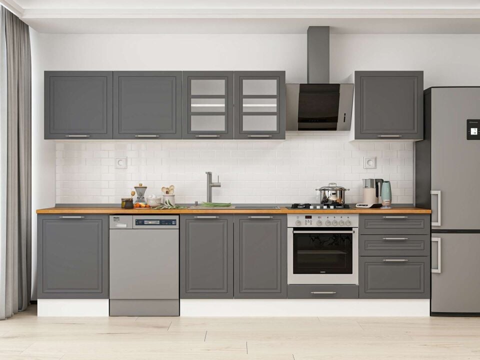 Alvinka 320X210 Cm Klasik Mebran Mutfak Dolabı M-E80S60S60-3 Mebran | Antrasit - Mdf