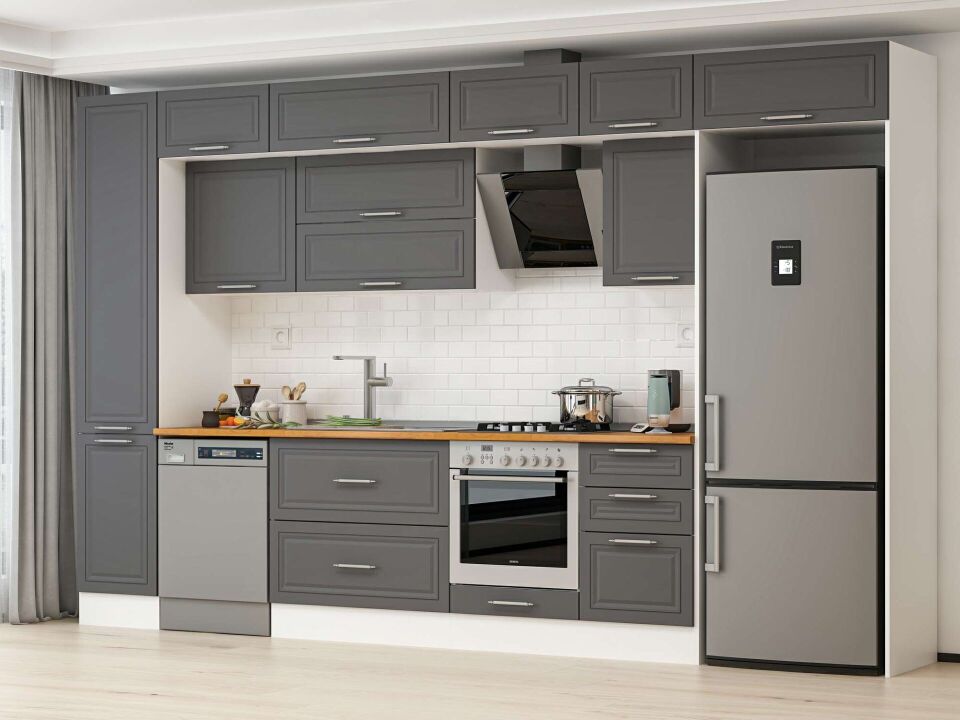 Alvinka 385X240 Cm Klasik Mebran Mutfak Dolabı Mbb-E90B45S50-2 Mebran | Antrasit - Mdf