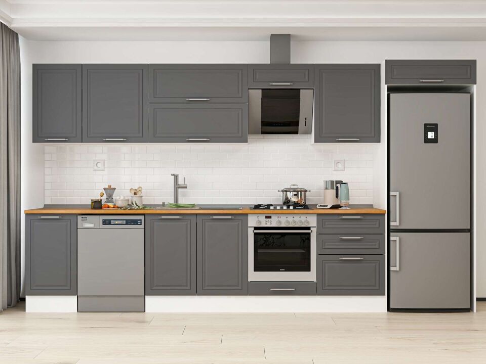 Alvinka 385X222 Cm Klasik Mebran Mutfak Dolabı Mb-E80S45S60-2 Mebran | Antrasit - Mdf