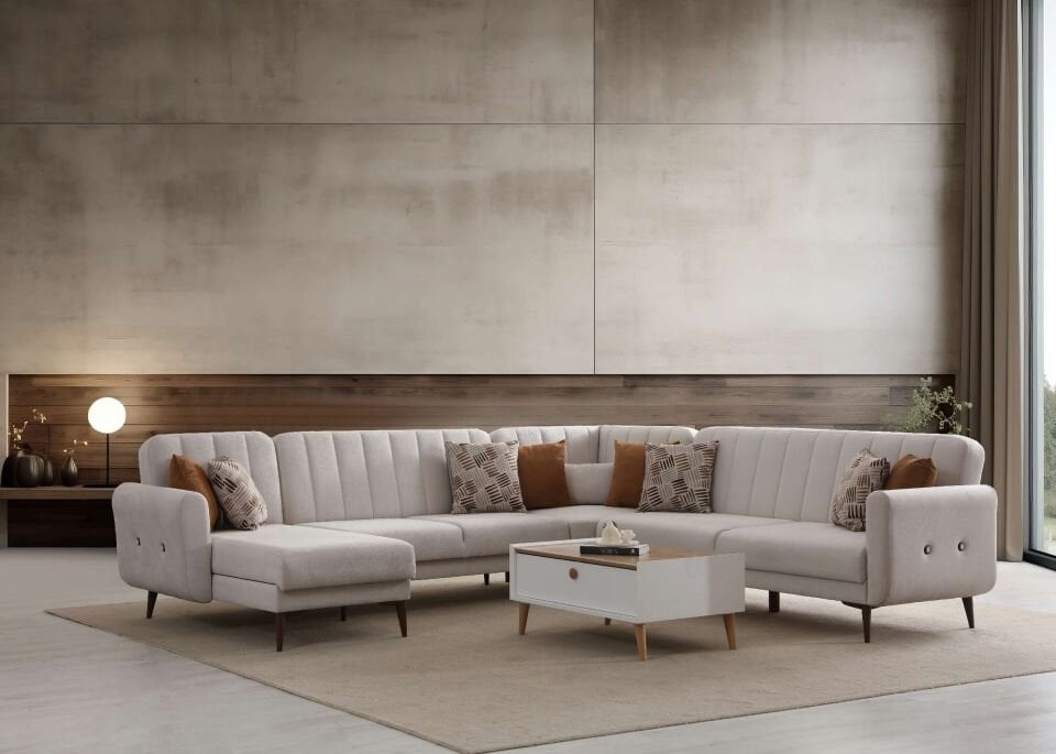 Bona Dinlenme+3+L Köşe+3 Köşe Takımı Bej Valebo-03 Ceviz Ayak