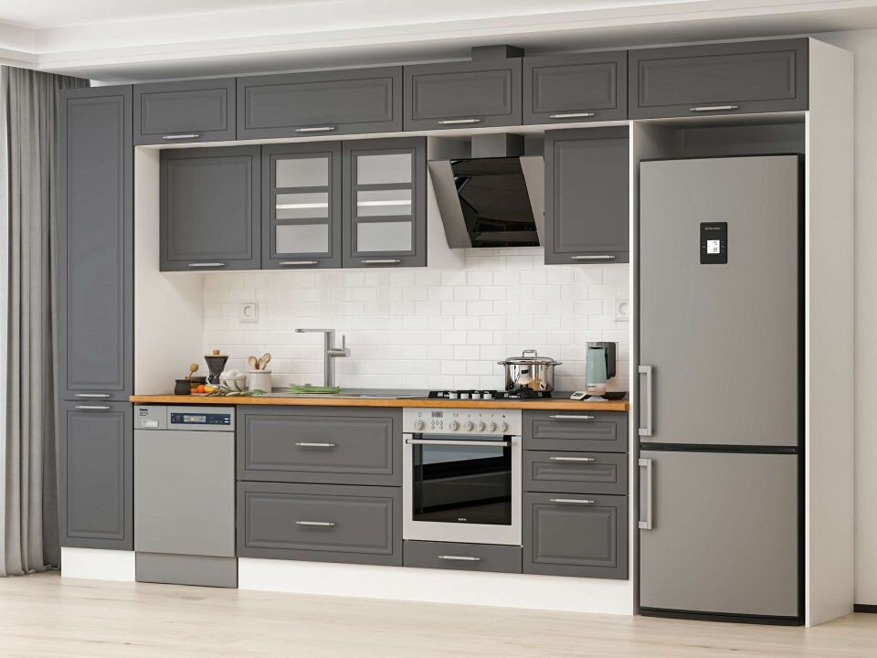 Alvinka 385X240 Cm Klasik Mebran Mutfak Dolabı Mbb-E90B45S50-3 Mebran | Antrasit - Suntalam