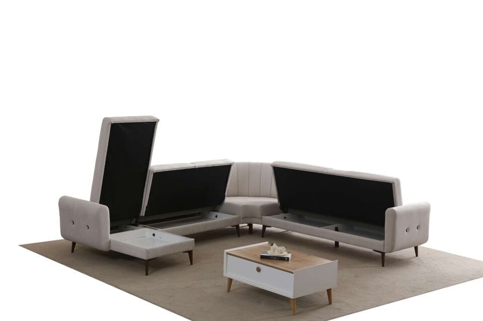 Bona Dinlenme+3+C Köşe+2 Köşe Takımı Bej Valebo-03 Ceviz Ayak