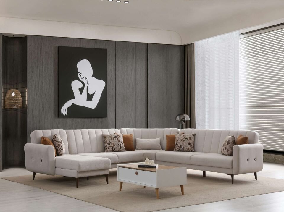 Bona Dinlenme+3+C Köşe+3 Köşe Takımı Bej Valebo-03 Ceviz Ayak