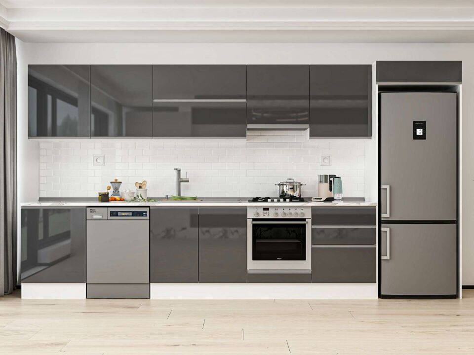 Alvinka 410X222 Cm High Gloss Mutfak Dolabı Mb-E90S60S60-1 High Gloss | Antrasit - Mdf