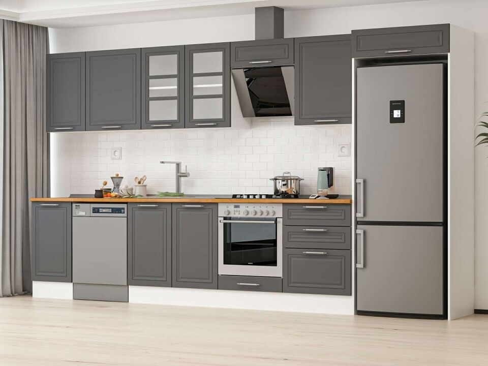 Alvinka 385X222 Cm Klasik Mebran Mutfak Dolabı Mb-E80S45S60-3 Mebran | Antrasit - Suntalam