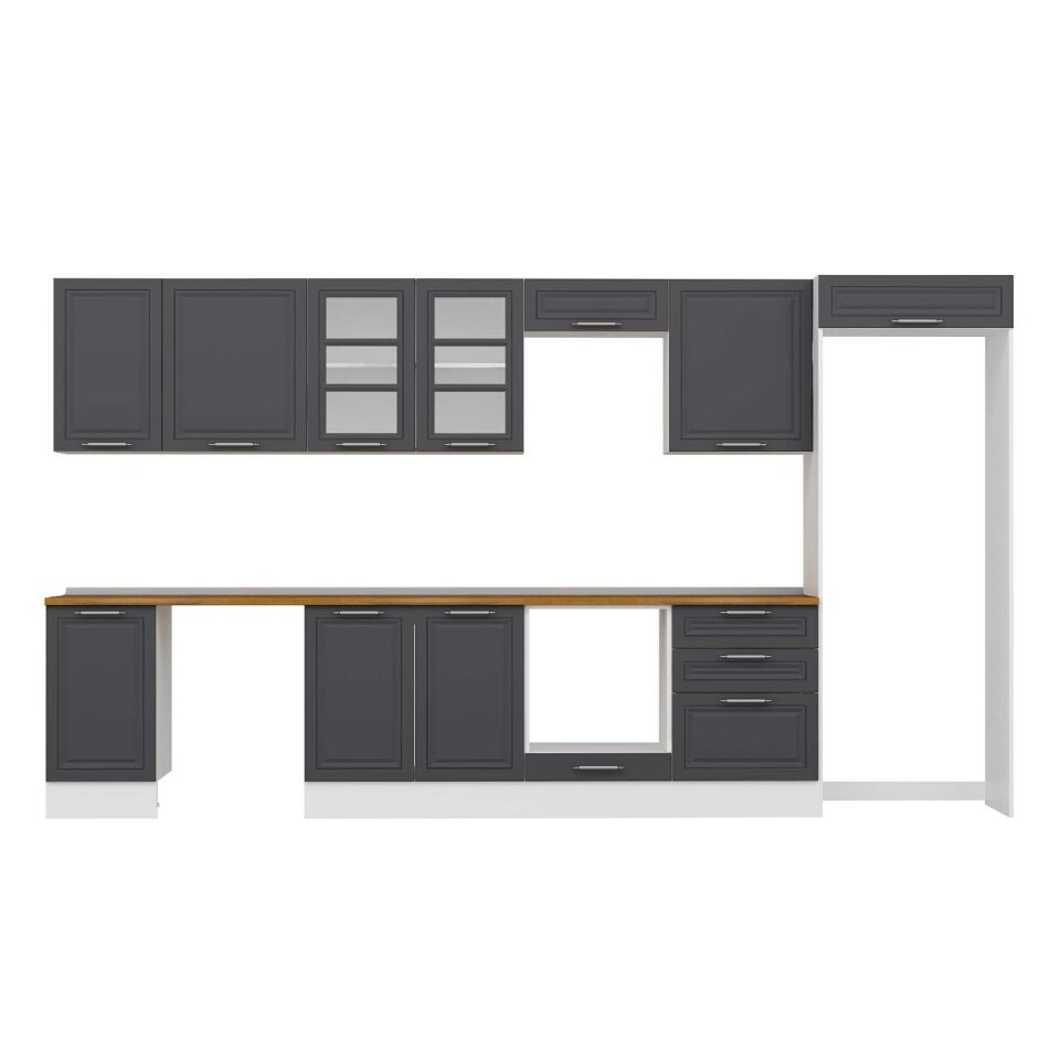 Alvinka 385X222 Cm Klasik Mebran Mutfak Dolabı Mb-E80S45S60-3 Mebran | Antrasit - Suntalam