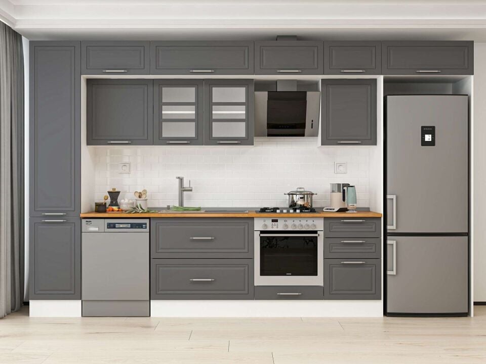 Alvinka 385X240 Cm Klasik Mebran Mutfak Dolabı Mbb-E90B45S50-3 Mebran | Antrasit - Mdf