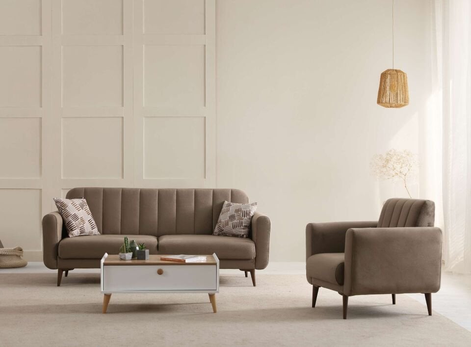 Bona 3+1 Berjer Koltuk Takımı Haki (Valebo-06-Valebo-06) Ceviz Ayak